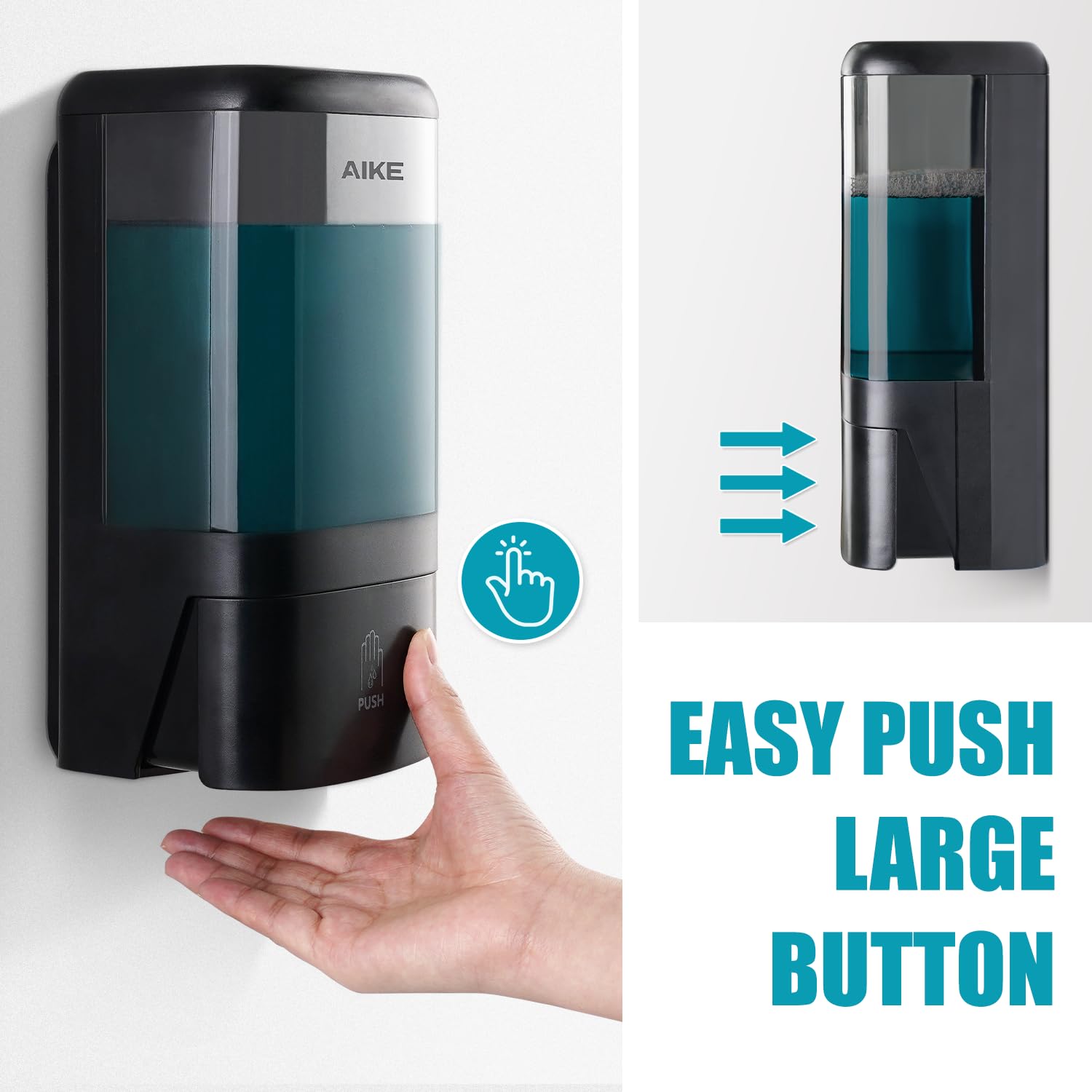 AIKE wall-mount dispenser side view demonstrating compact footprint for tight spaces.