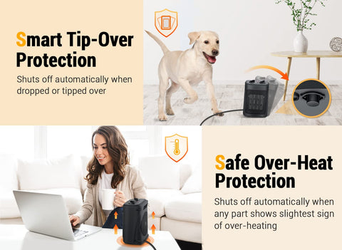 Aikoper space heater safety protections include overheat and tip-over shutoff.