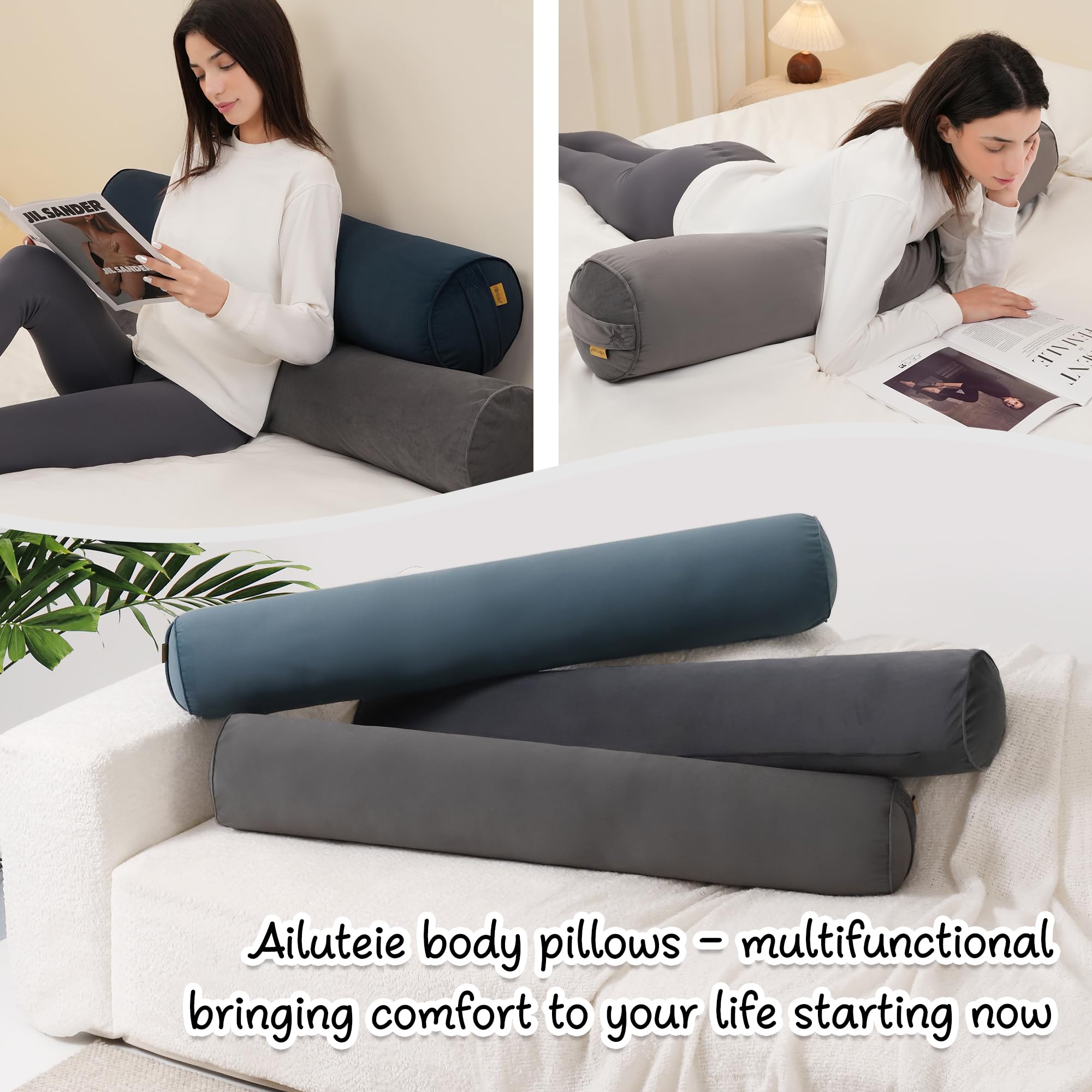 Ailuteie body pillow shown with multiple sizes for fit