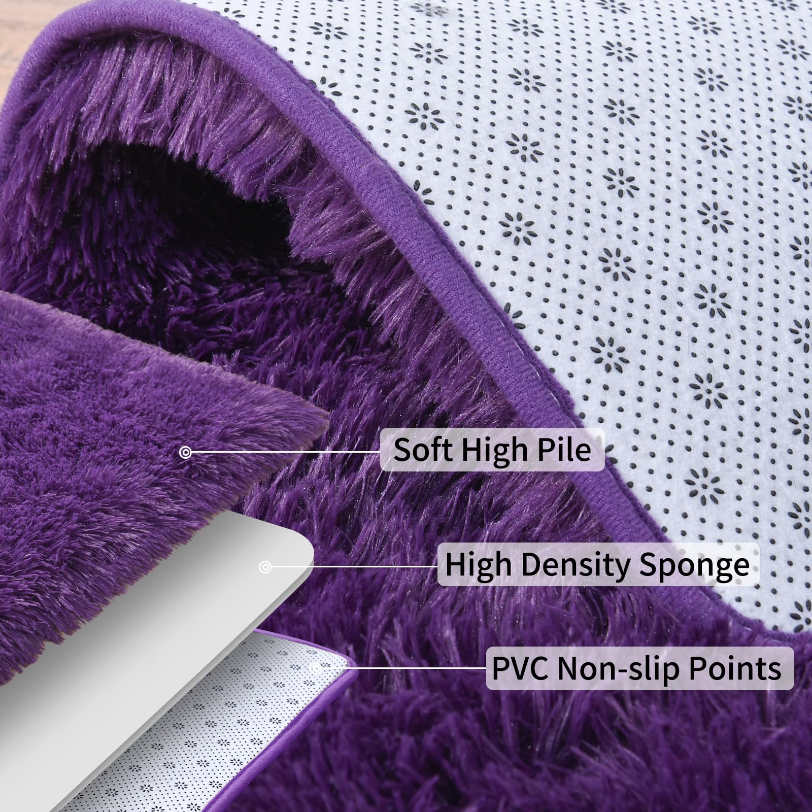 Ailyei memory foam layer under purple shag rug adds cushion