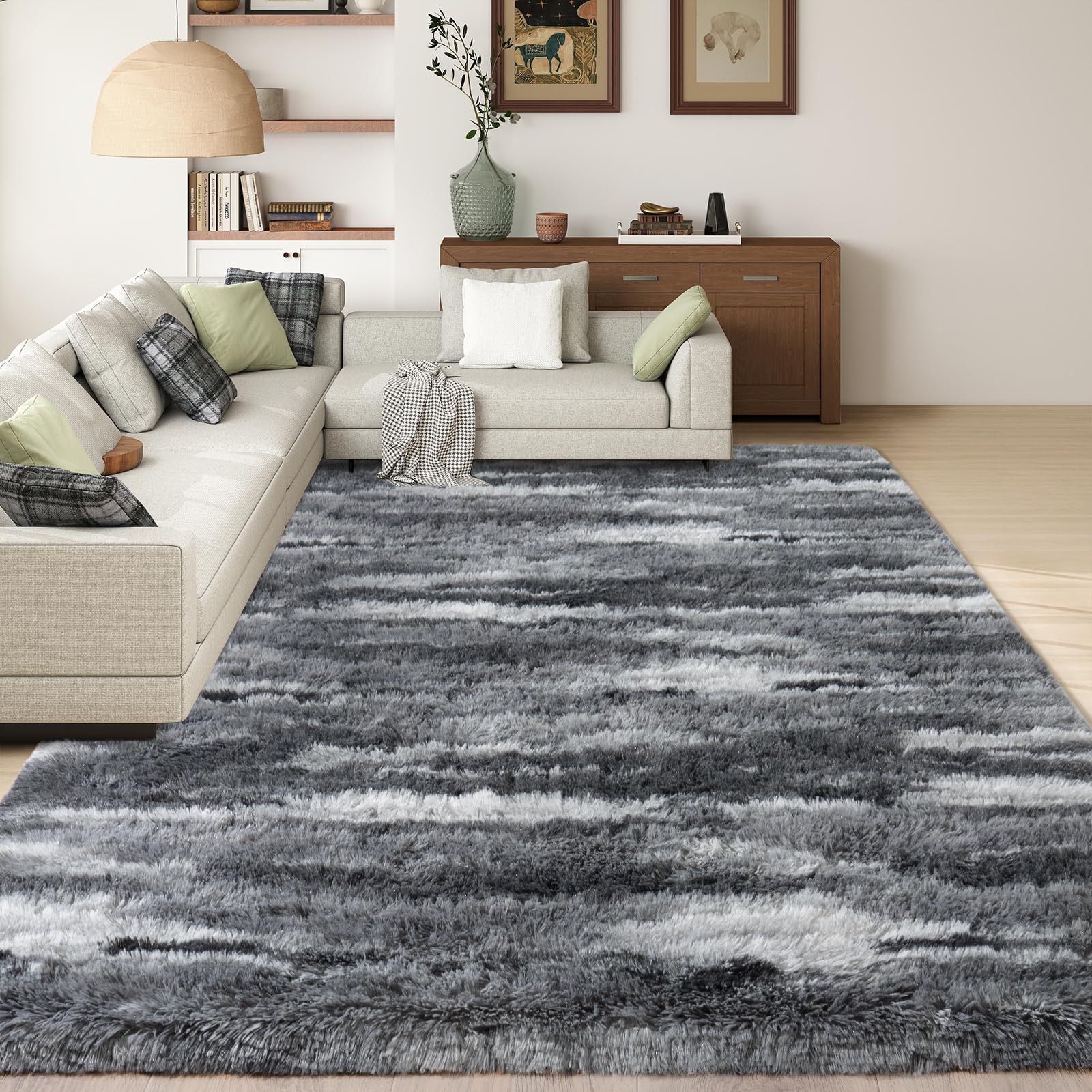 Ailyei Shag Rug 8x10 abstract grey, front view, plush texture for cozy living spaces.
