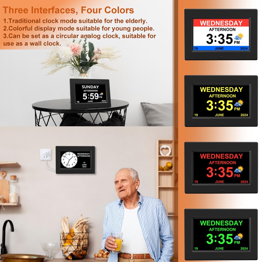 AINFTIME DST clock providing 12 reminders for meals, medication, and appointments.