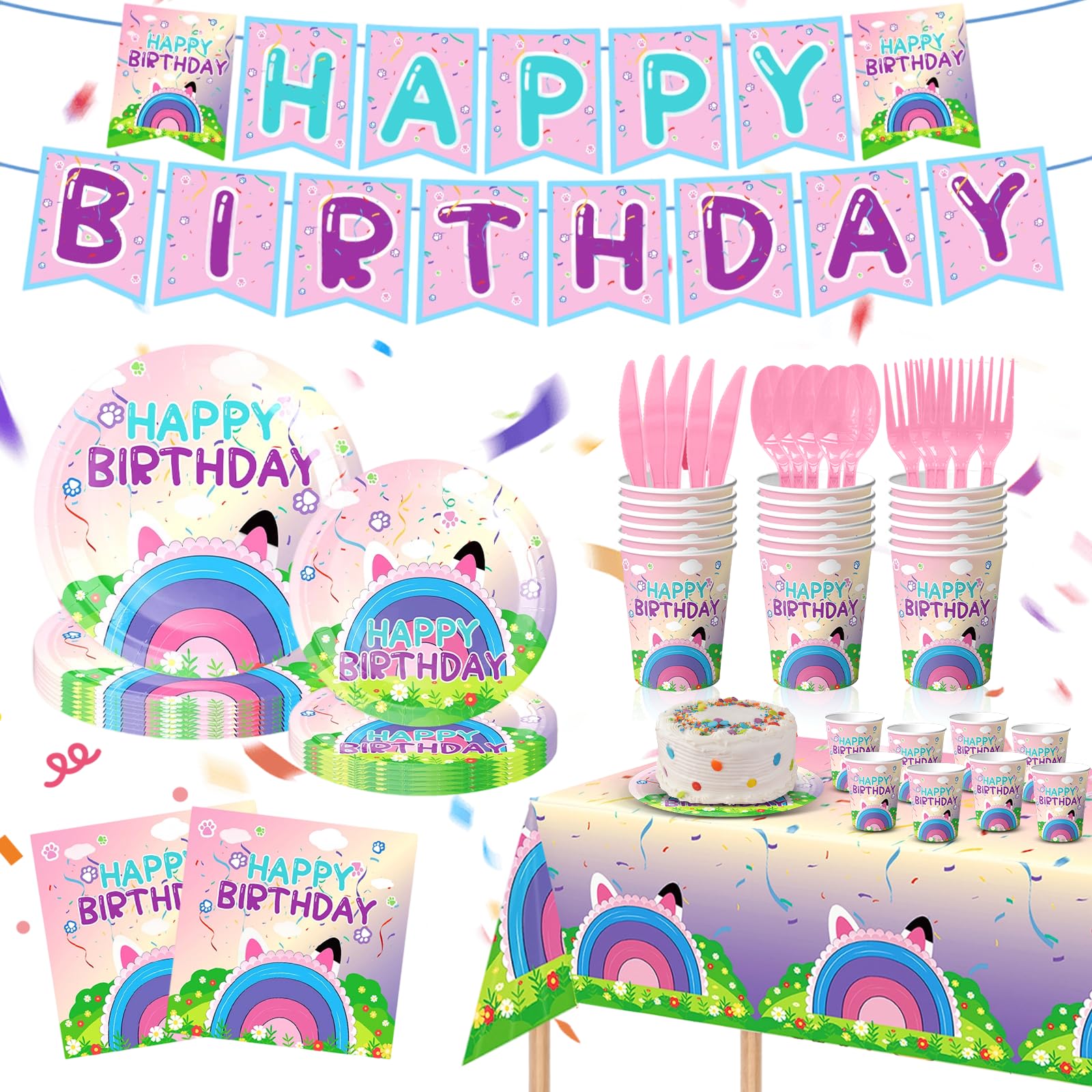Ainuit dessert plates showcase pastel rainbows for kid-friendly birthday ambiance.