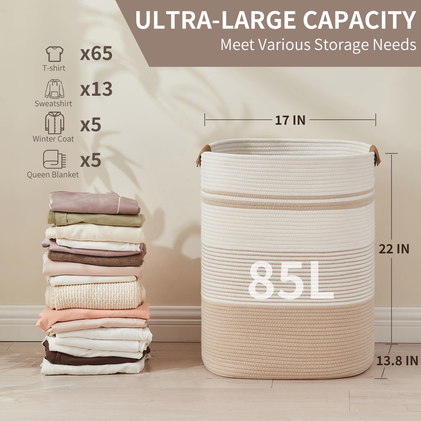 AINUOQI blanket storage basket with woven cotton design complements living room decor