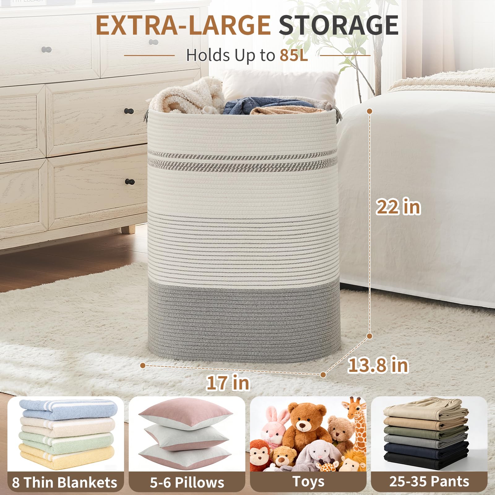 AINUOQI woven basket highlights sturdy handles ideal for laundry and toys.