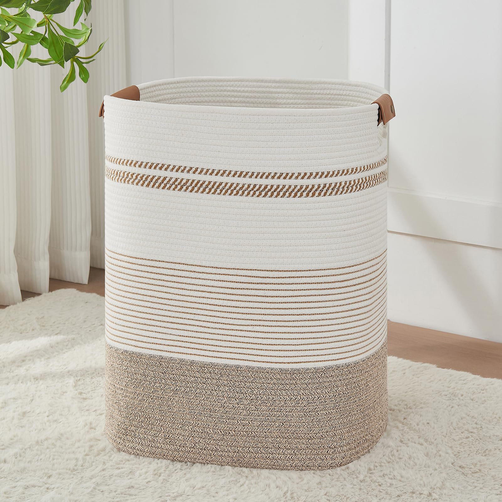 AINUOQI laundry basket with handles shows natural weave for sturdy storage.