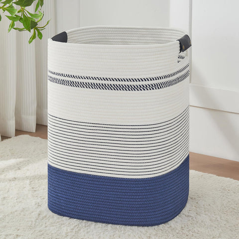 AINUOQI laundry basket with rope weave and leather handles for portable organization.