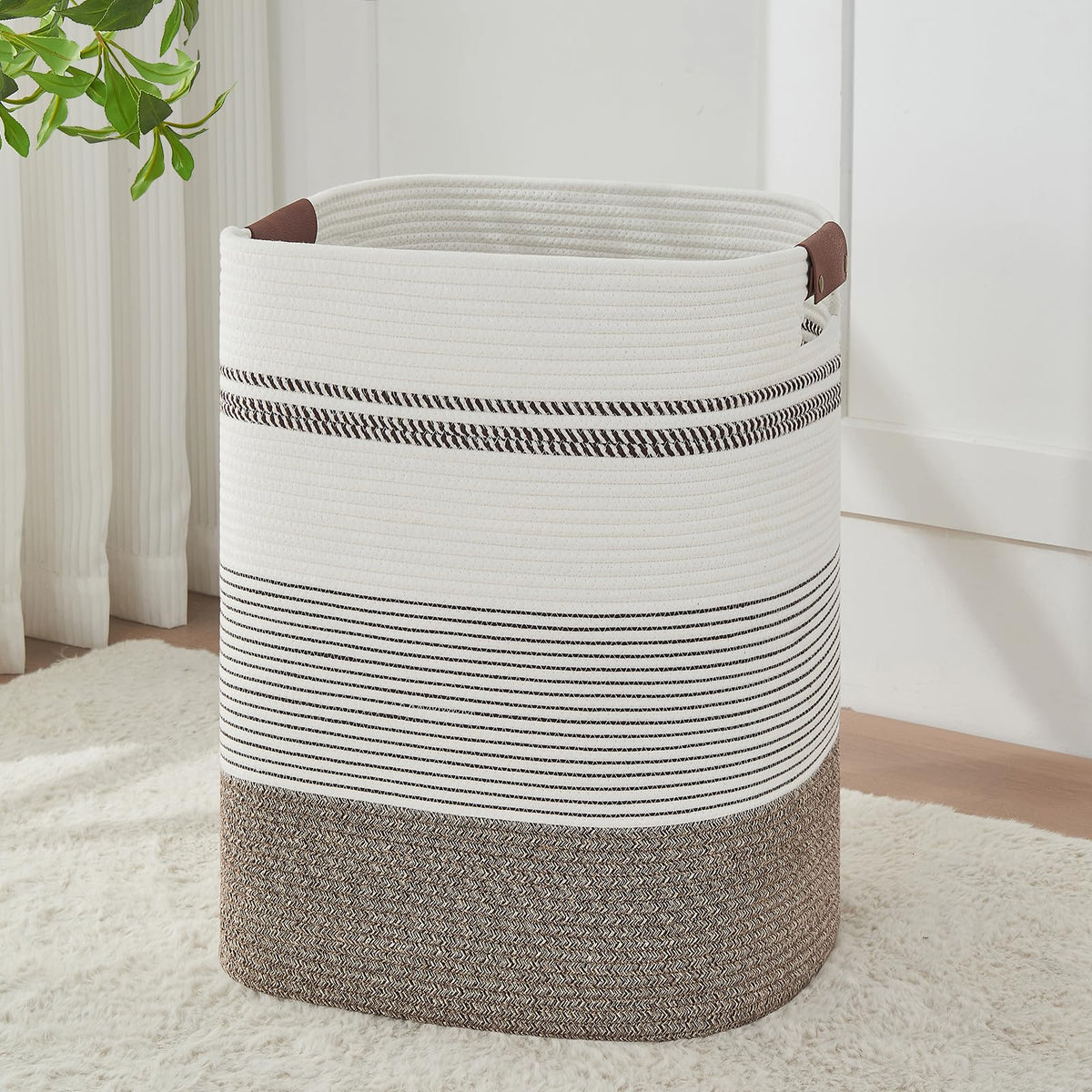 AINUOQI laundry hamper with tall rope weave for stylish storage and easy laundry sorting.