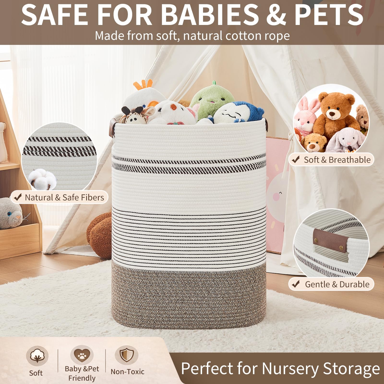 AINUOQI rice brown and white color basket adds warm contrast to home storage.