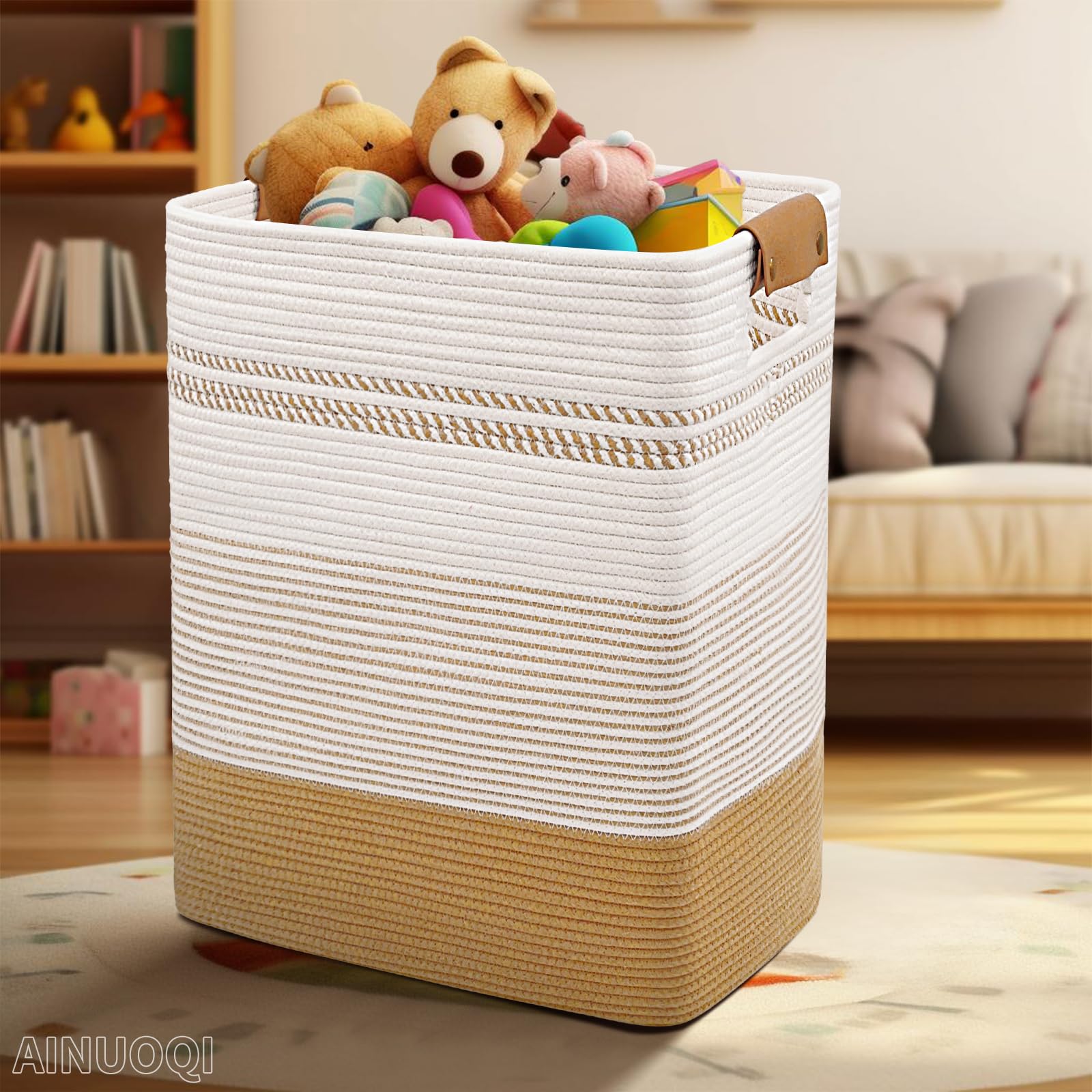 AINUOQI leather-handled basket for tall storage, adds decor while concealing laundry.