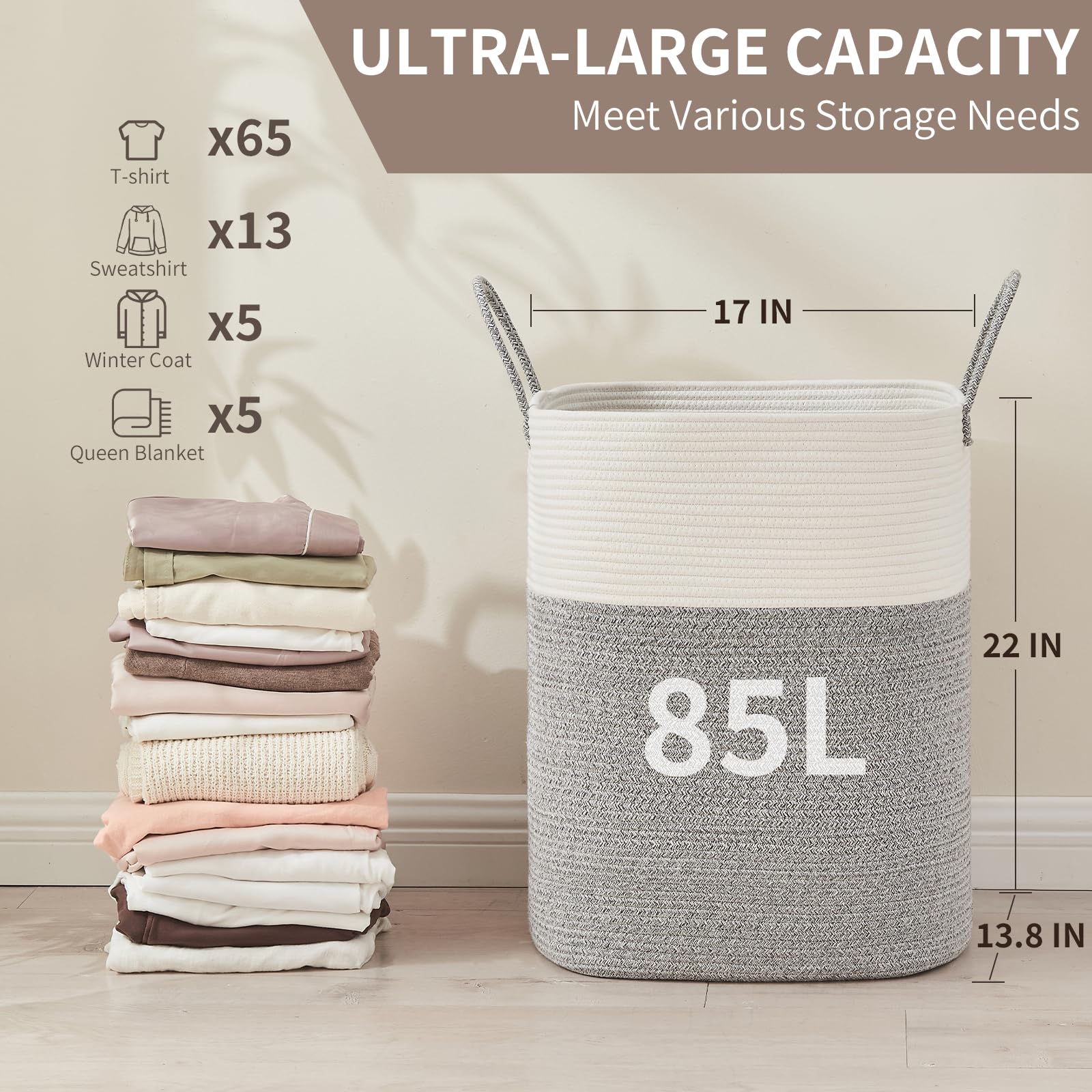 AINUOQI tall woven cotton basket demonstrates versatile room organization.