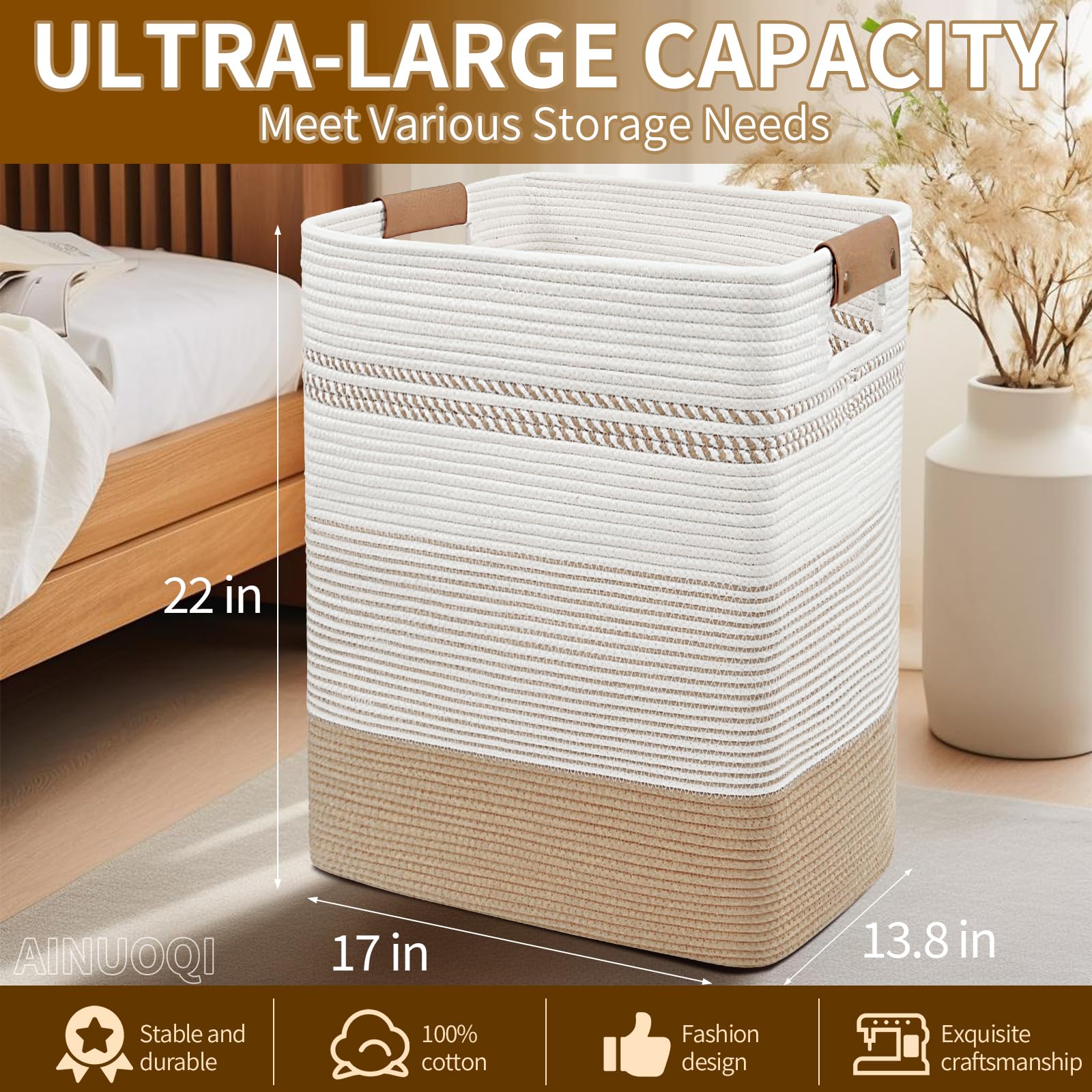 AINUOQI woven rope bin for blankets, keeps living spaces neat and stylish.