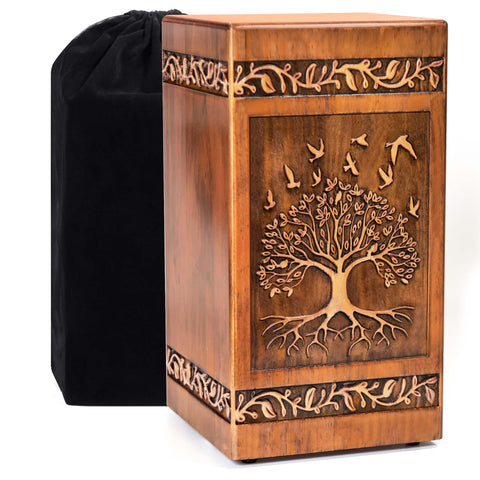 Aioguisn wooden cremation urn Tree of Life top view highlights craftsmanship and capacity