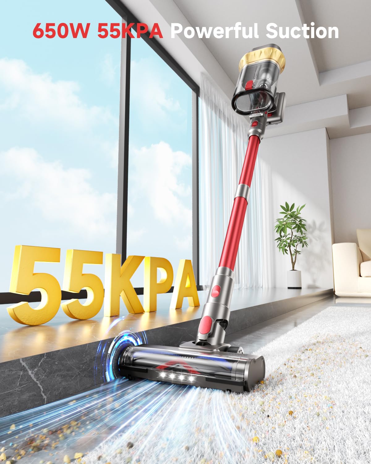 AIPOWAY 75-minute runtime display shows ample battery life for whole-home cleaning