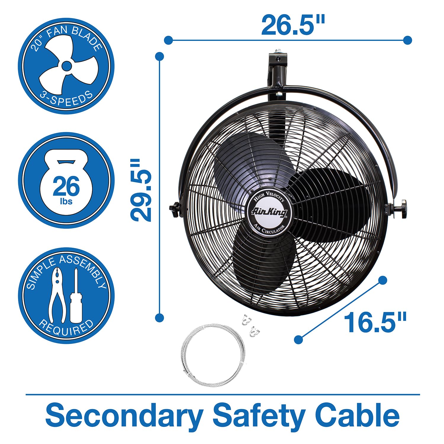 Air King 9020 nine-foot power cord keeps cables away from traffic.