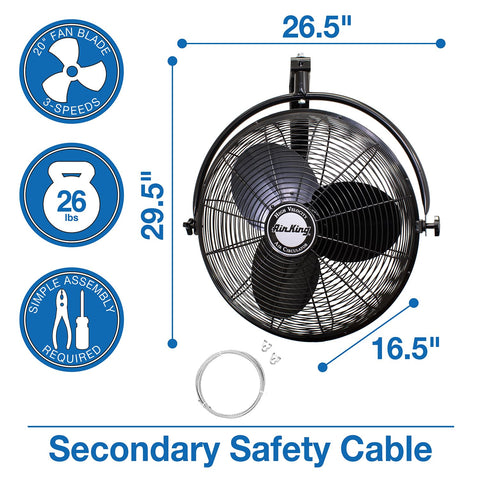 Air King 9020 nine-foot power cord keeps cables away from traffic.