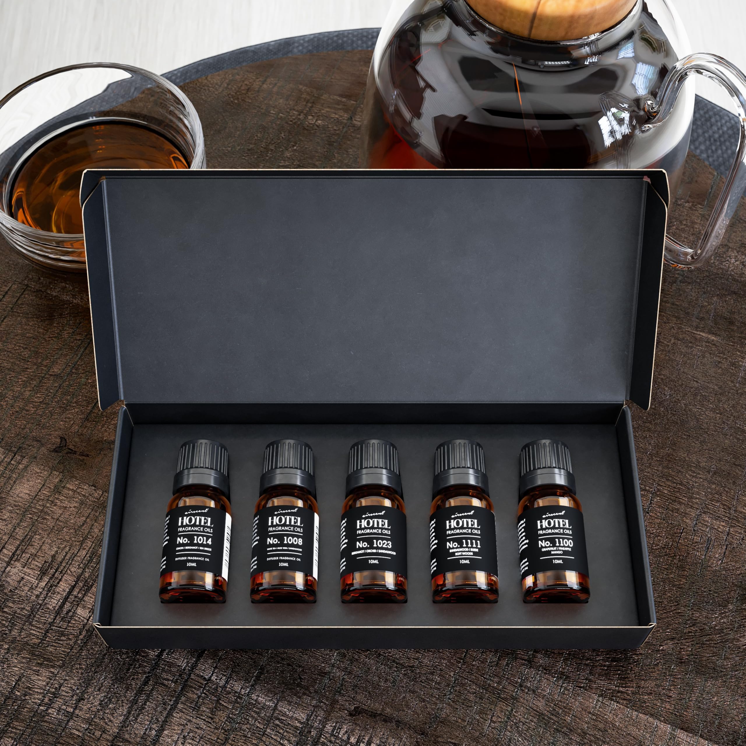 Air-Scent gift set display with wooden box and bottles.