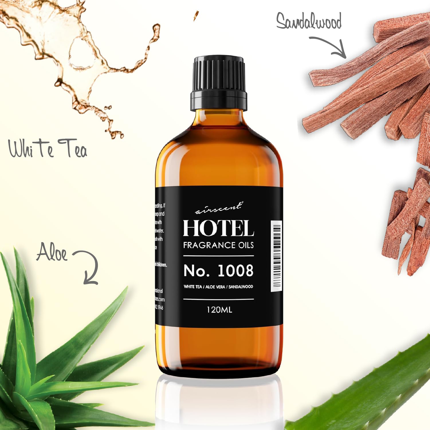 Air-Scent hotel diffuser oil cedarwood-vanilla-amber bottle detail suggests soothing hotel-inspired ambiance