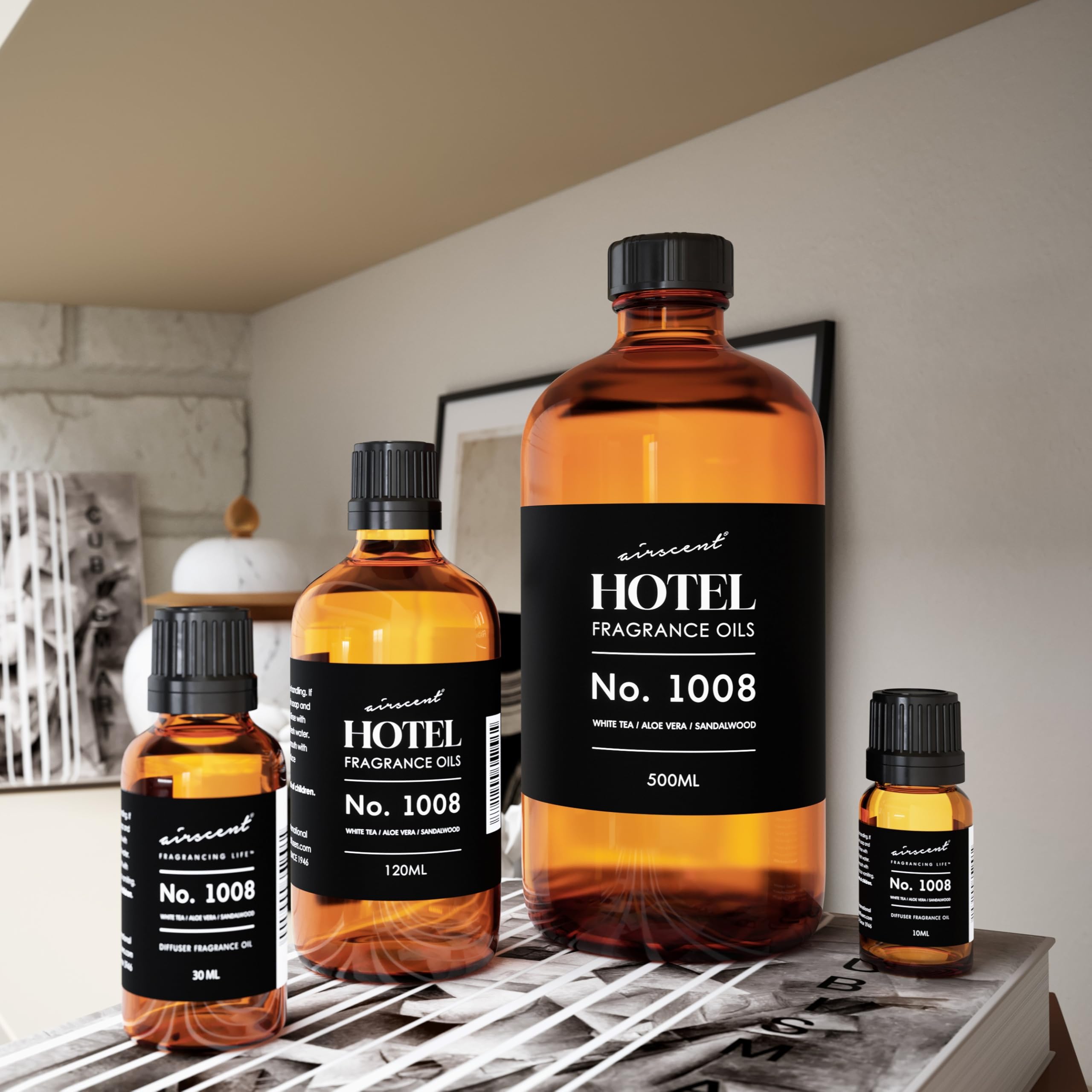 Air-Scent hotel diffuser oil diffuser-mist depiction illustrates easy integration with waterless diffusers