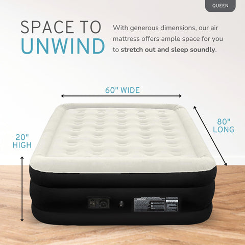 Air Tuff 80x60 queen-footprint fits most sleep spaces
