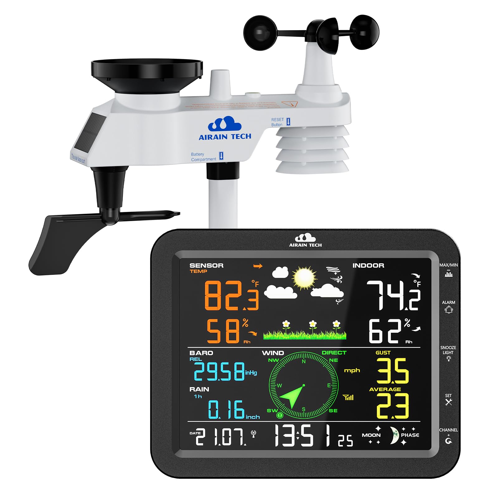 Airain Tech 10-in-1 weather station display console showing indoor and outdoor data