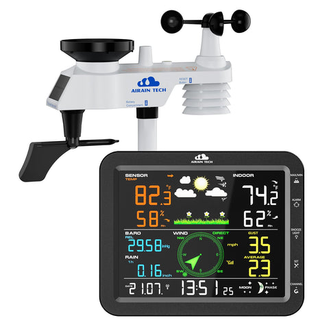 Airain Tech 10-in-1 weather station display console showing indoor and outdoor data