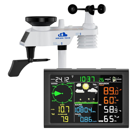 AIRAIN TECH 10-in-1 weather station display showing local forecast at a glance.