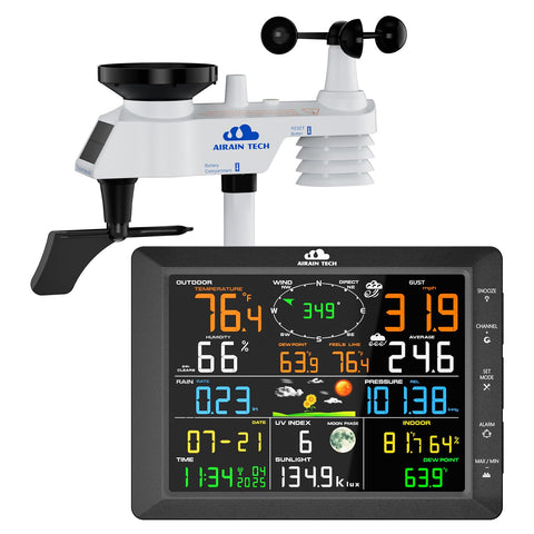 Airain Tech 14-in-1 display console showing real-time weather data for home monitoring