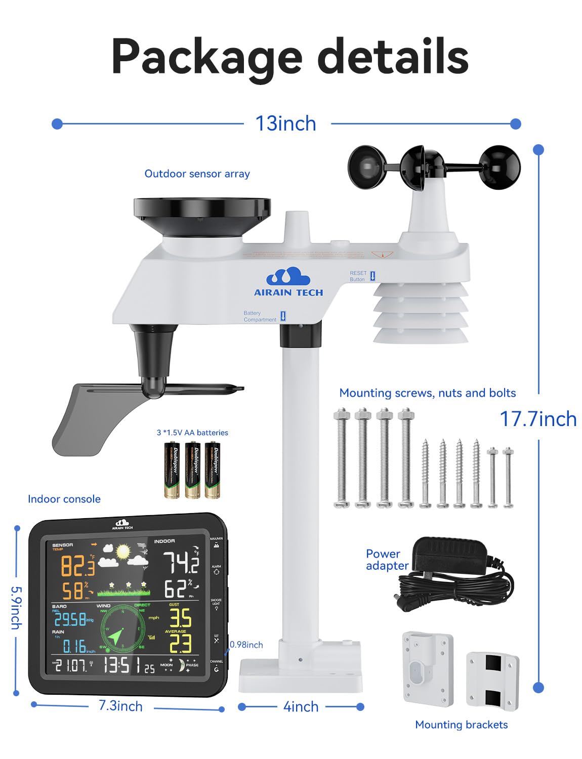 Airain Tech weather station packaging contents for quick setup