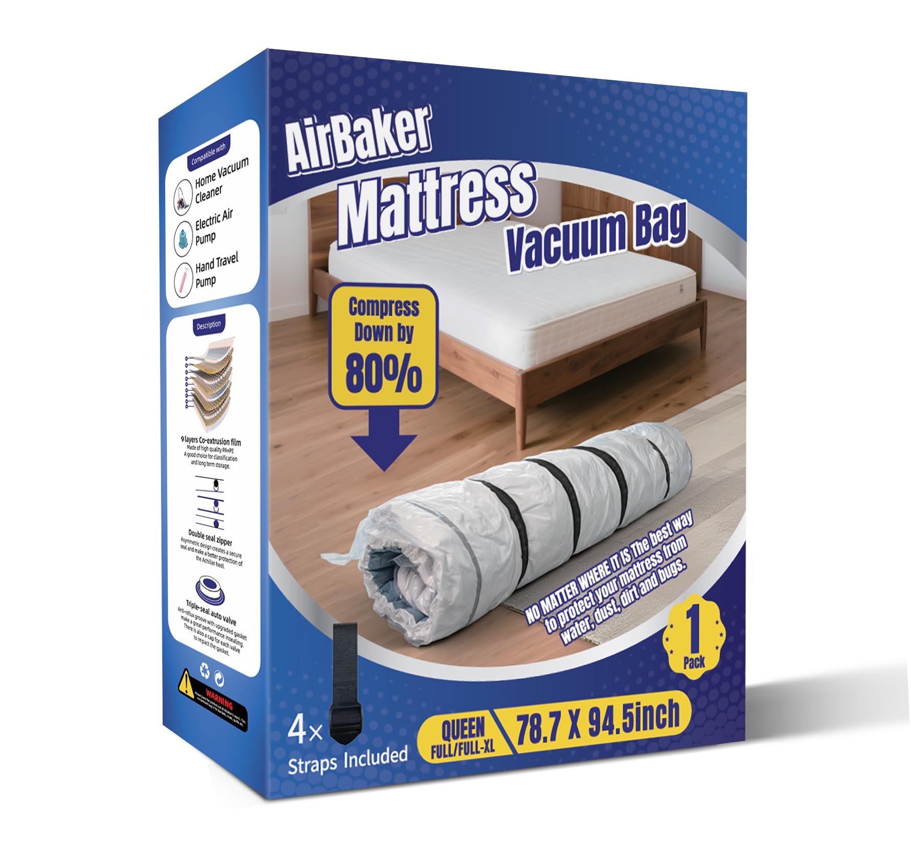 AirBaker vacuum bag package opened shows space-saving storage possibilities.