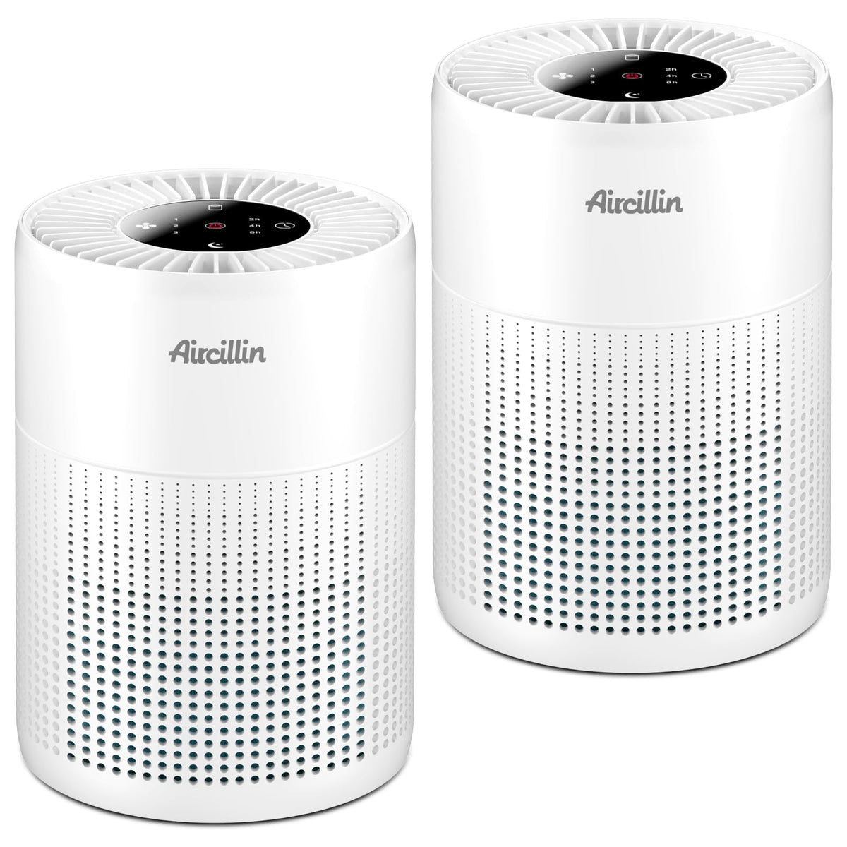 Aircillin 2-pack air purifier front view, ideal for bedrooms and living rooms.
