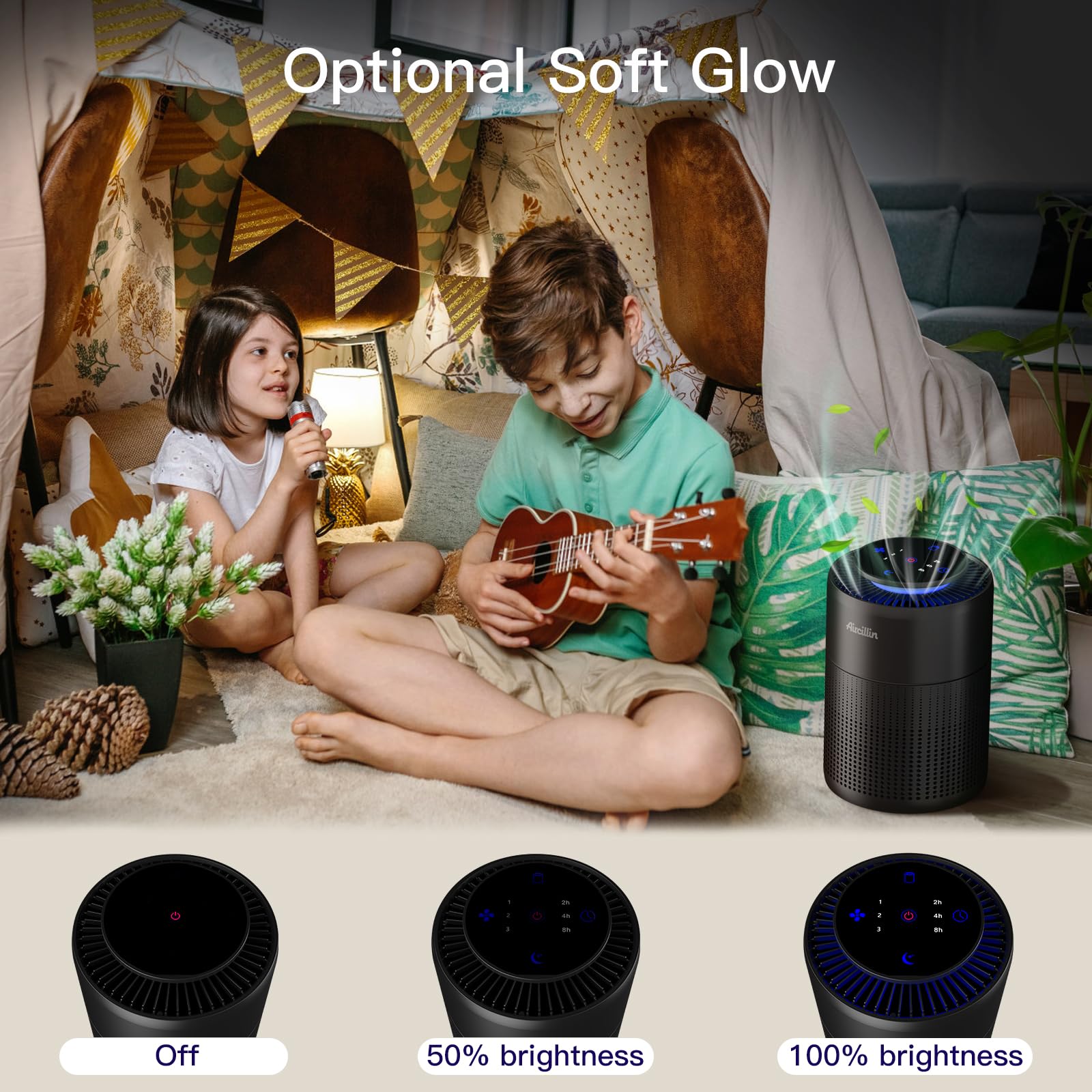 Aircillin 2-Pack purifier with activated carbon visual showing odor elimination capability.