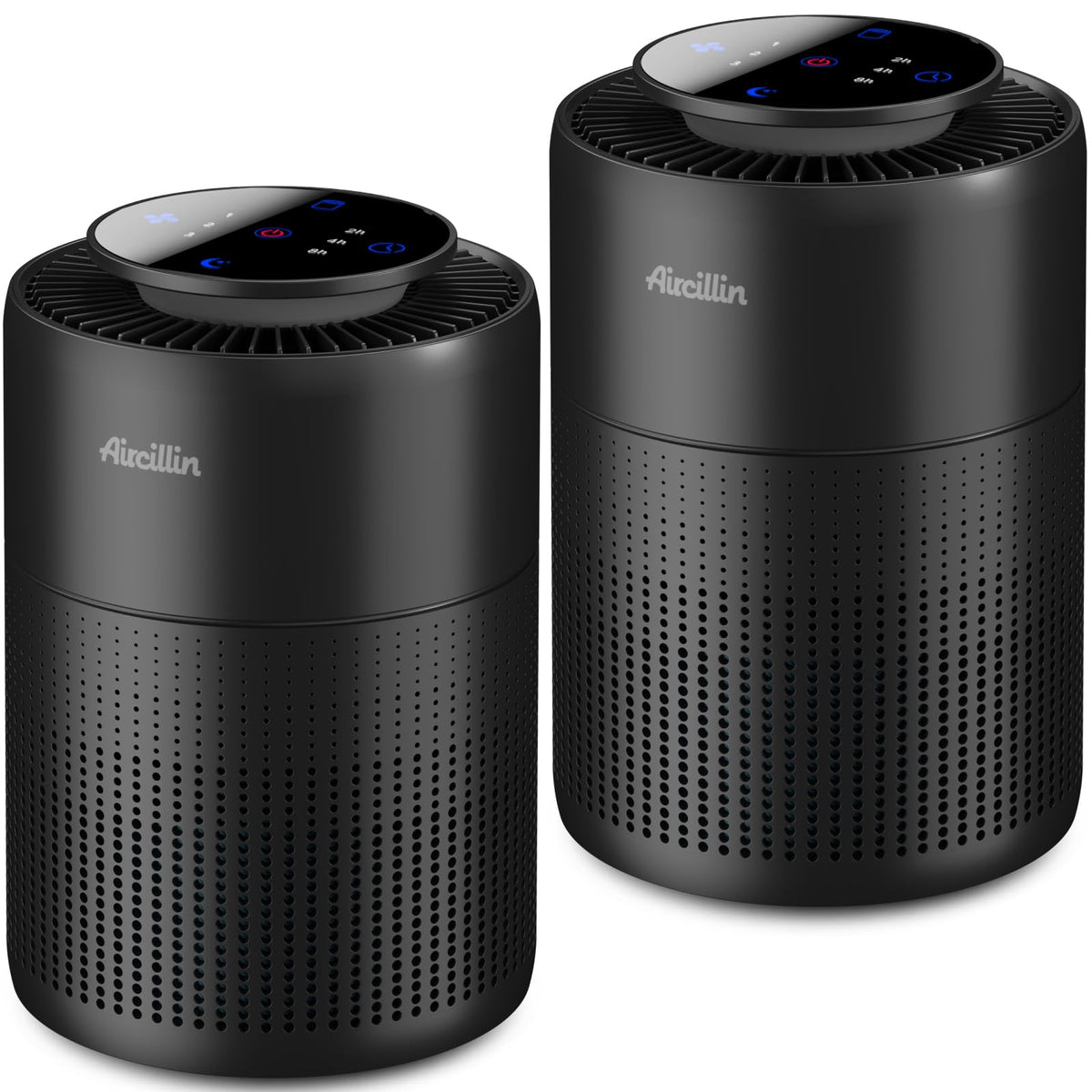 Aircillin 2-Pack purifier front view showing compact design for small spaces.