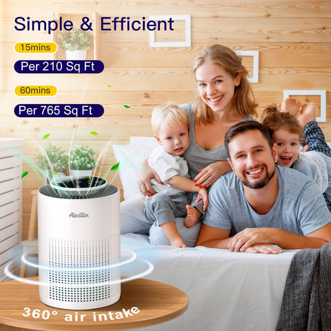 Aircillin 360-degree airflow diagram showcasing comprehensive room purification.