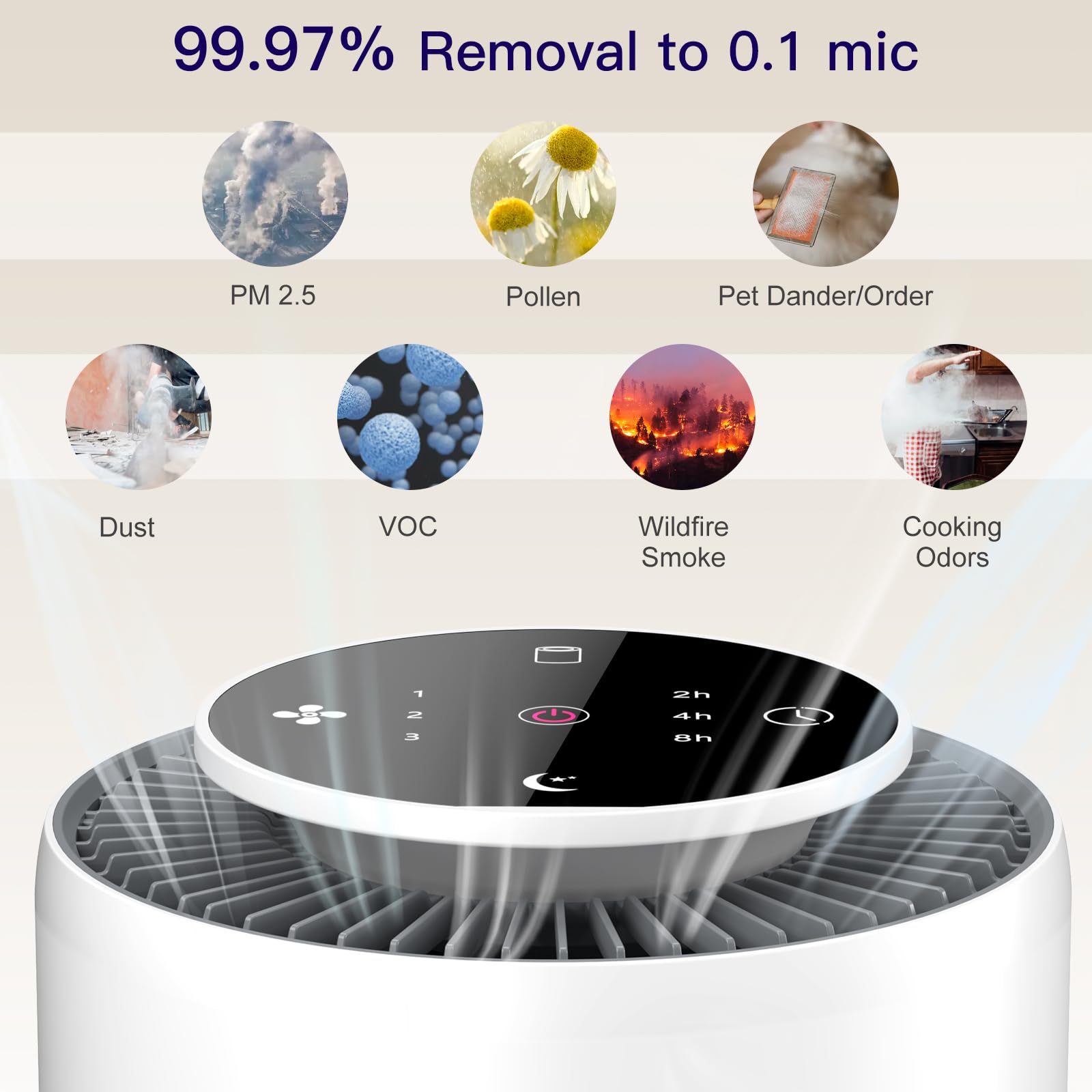 Aircillin HEPA filter detail emphasizes high capture efficiency for fine particles.