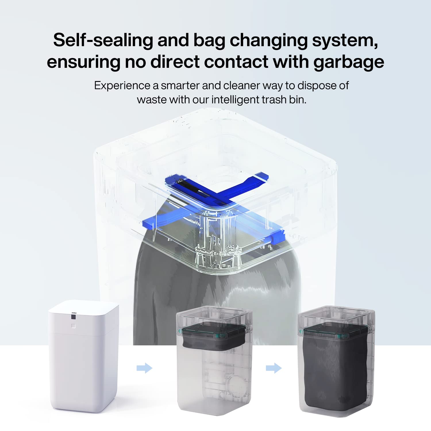 Airdeer smart trash can self-sealing bag keeps waste contained and odors minimized.