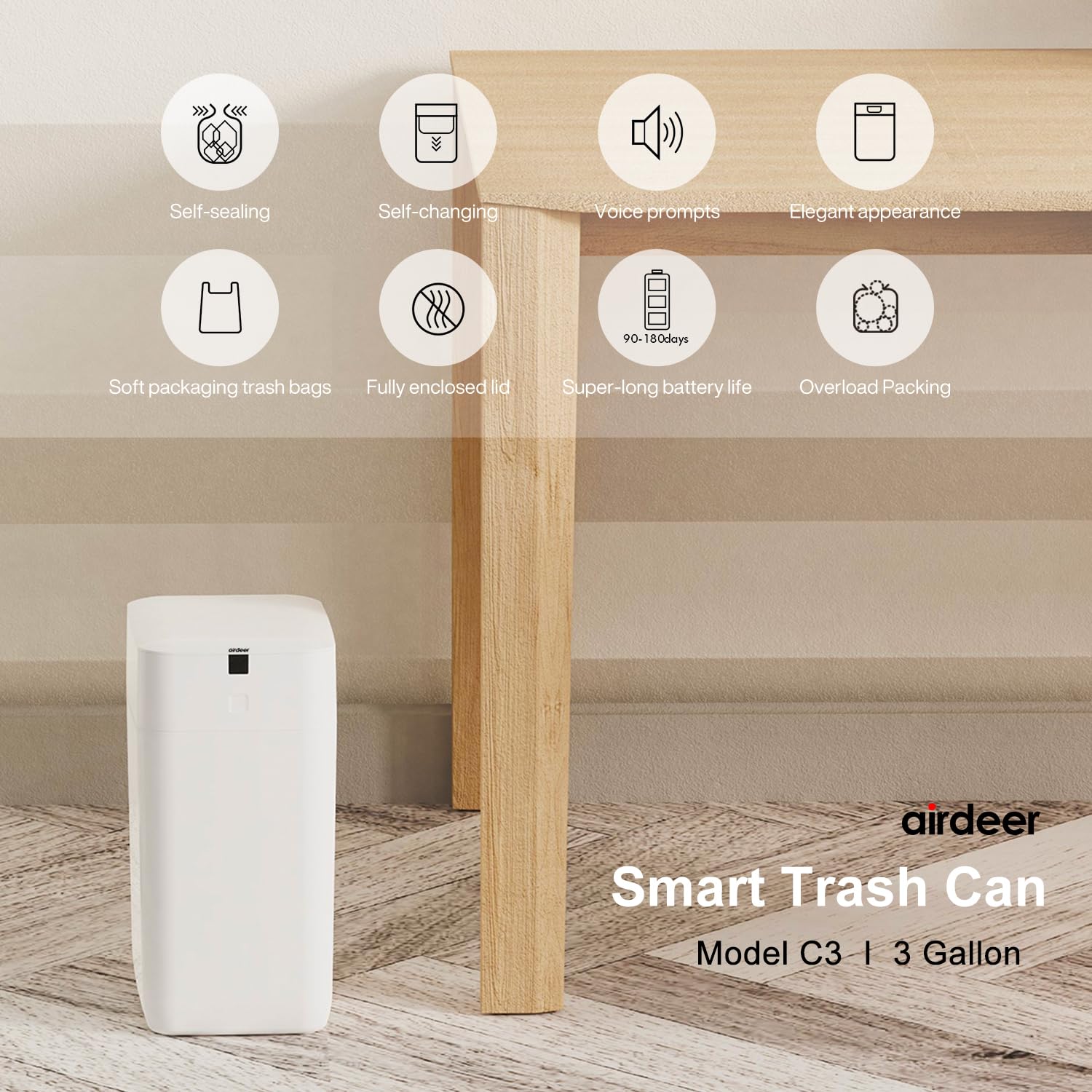 Airdeer touchless lid opening enables hands-free disposal and reduced cross-contamination.