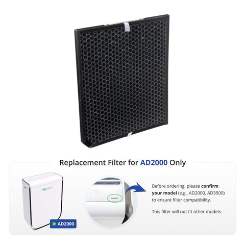 AirDoctor AD2000 gas trap filter highlights odor and pollutant control.
