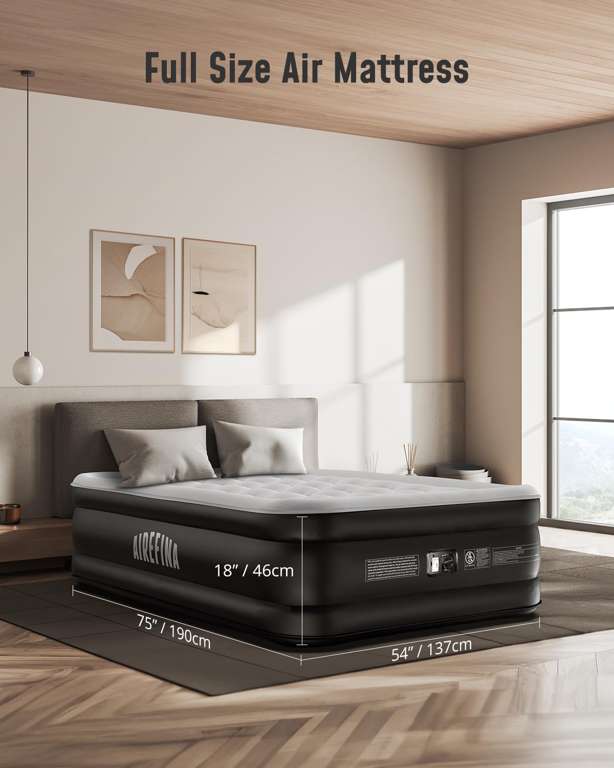 Airefina mattress showing fast inflation button for easy setup