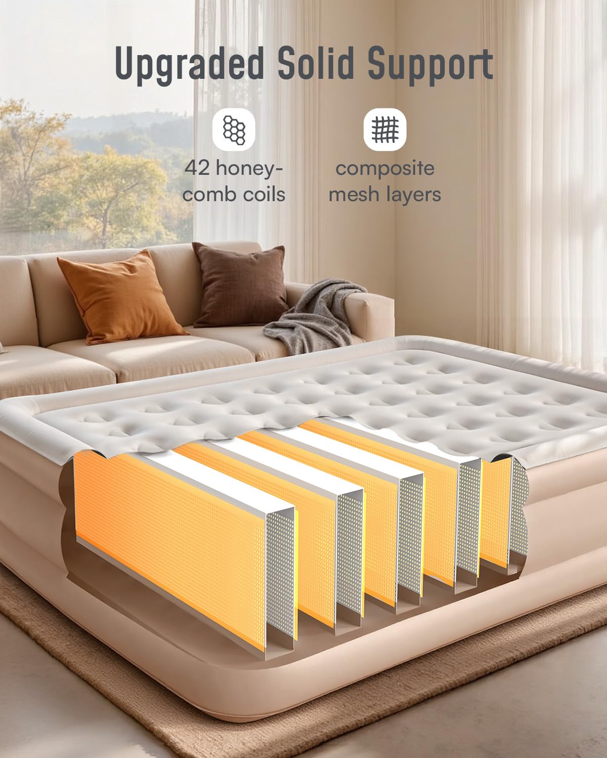 Airefina queen air mattress shows 18-inch raised height for easy access.