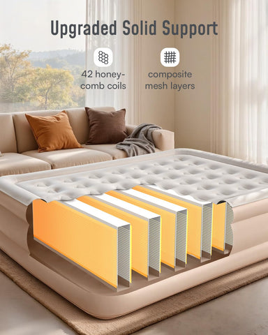 Airefina queen air mattress shows 18-inch raised height for easy access.