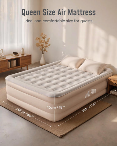 Airefina queen mattress measures 80 by 60 inches for full coverage.