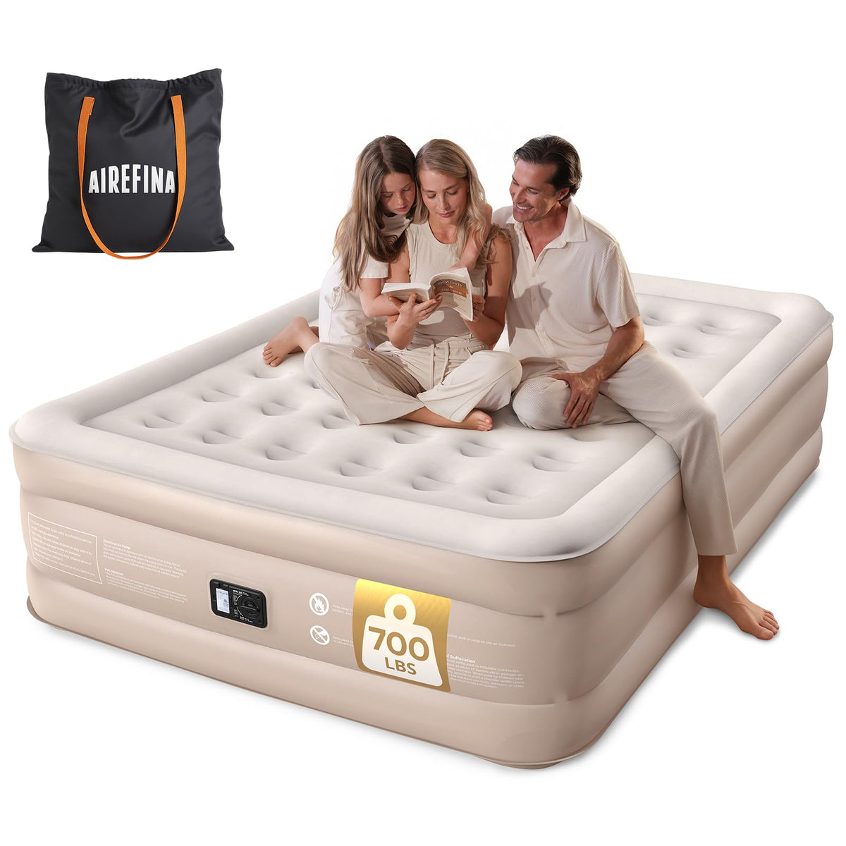 Airefina queen air mattress with built-in pump for quick inflation.