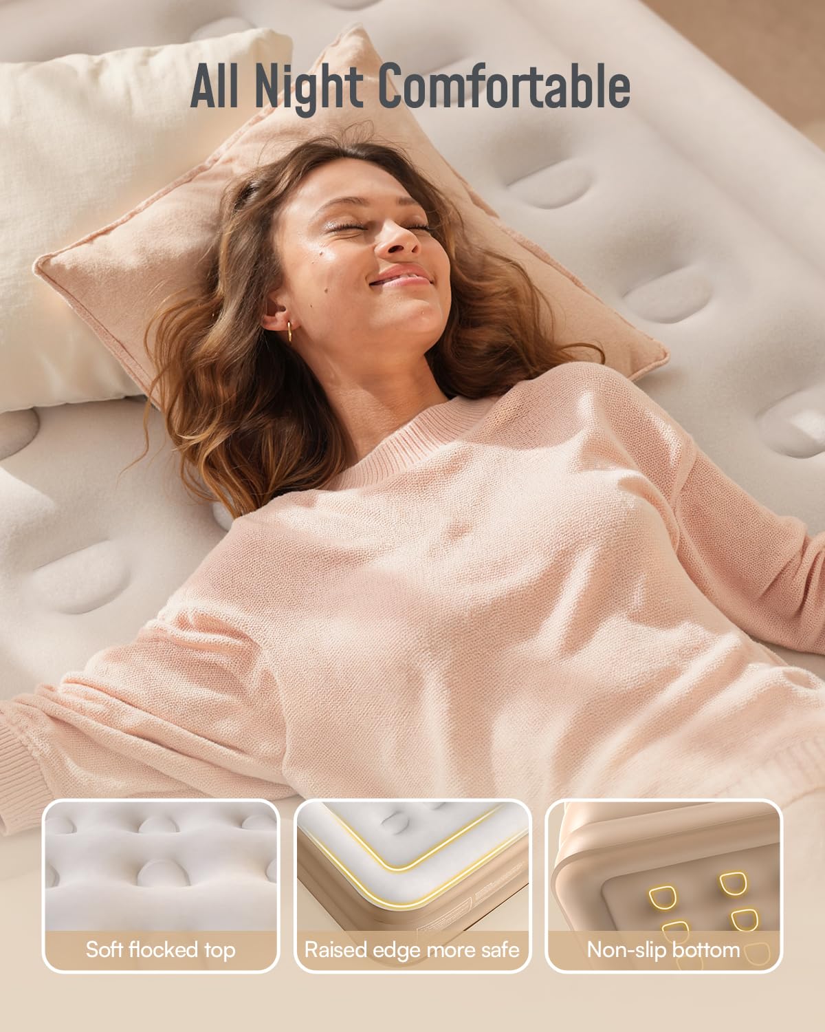 Airefina waterproof flocked top offers quiet, skin-friendly overnight comfort.