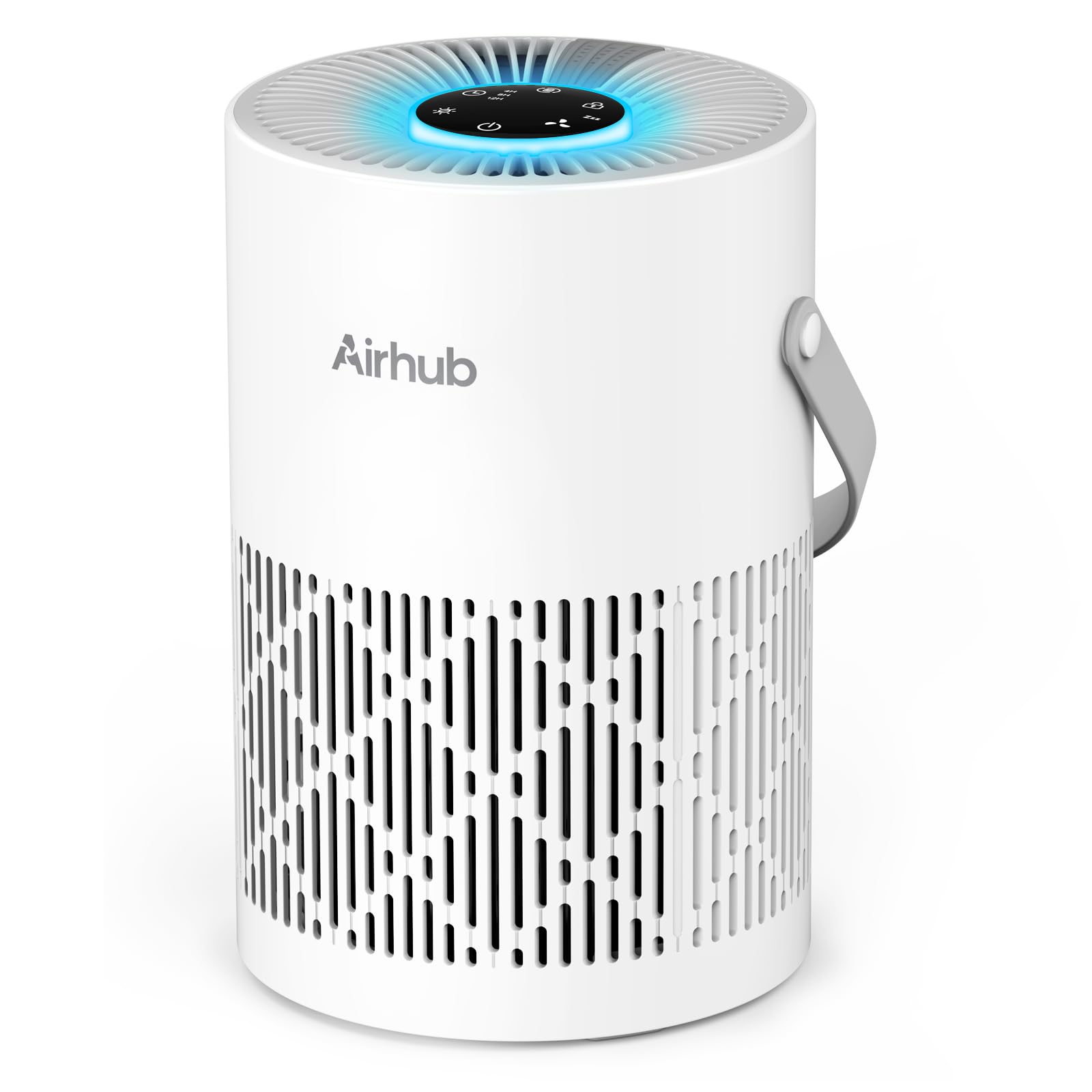 AirHub air purifier in a calm bedroom setup showing compact design for peaceful sleep