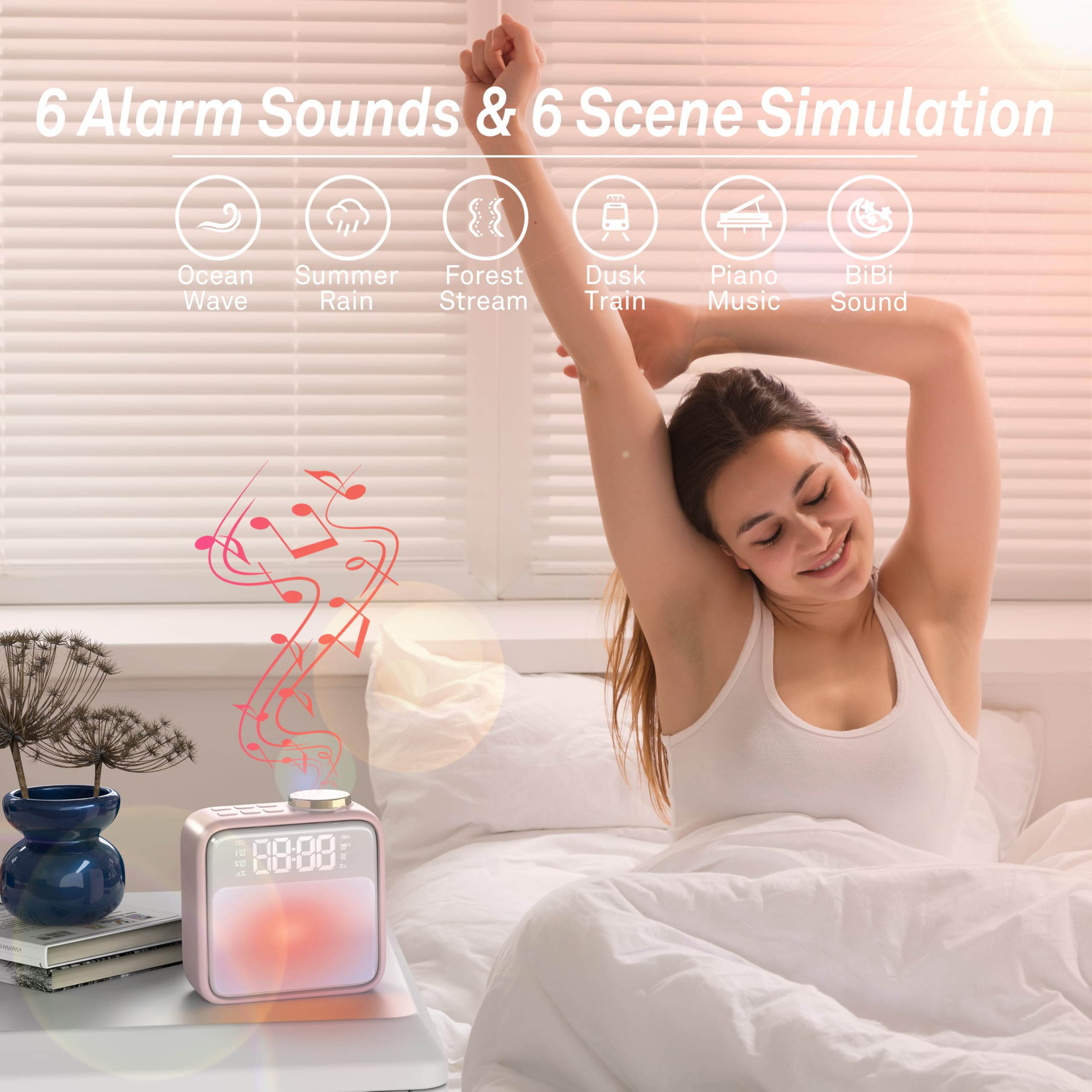 AIRIVO alarm clock shows 6 scene lighting modes to set the mood for waking.