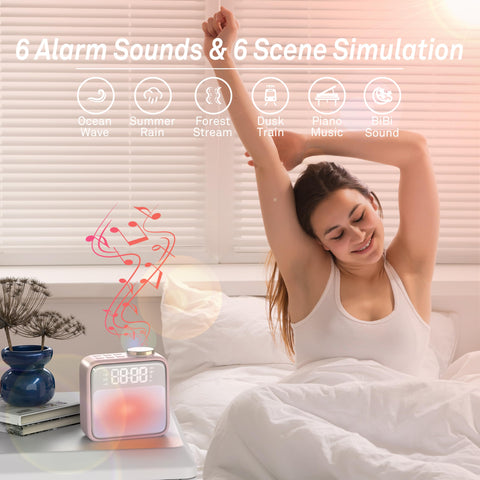 AIRIVO alarm clock shows 6 scene lighting modes to set the mood for waking.