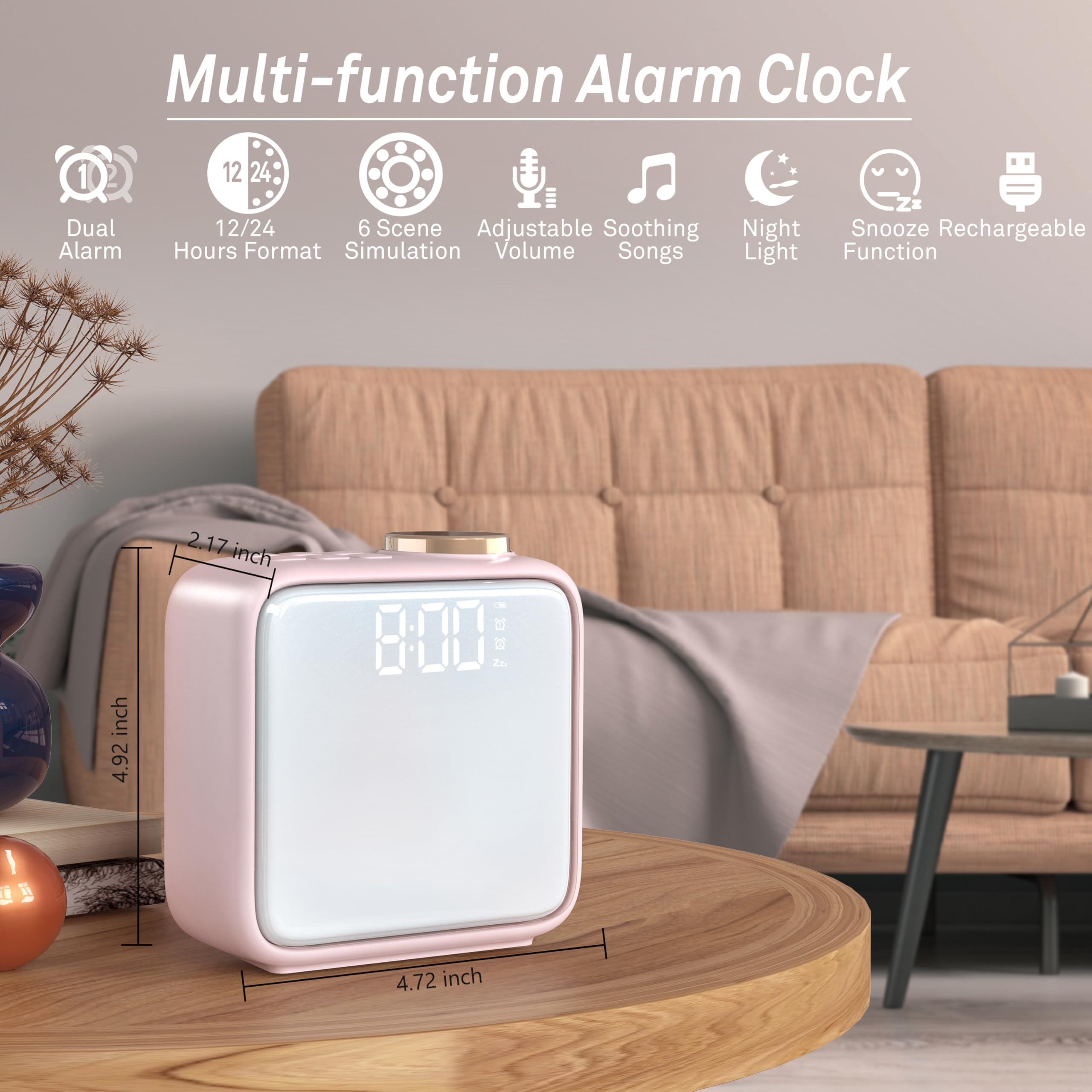 AIRIVO alarm clock offers six soothing songs and nature sounds for relaxation.