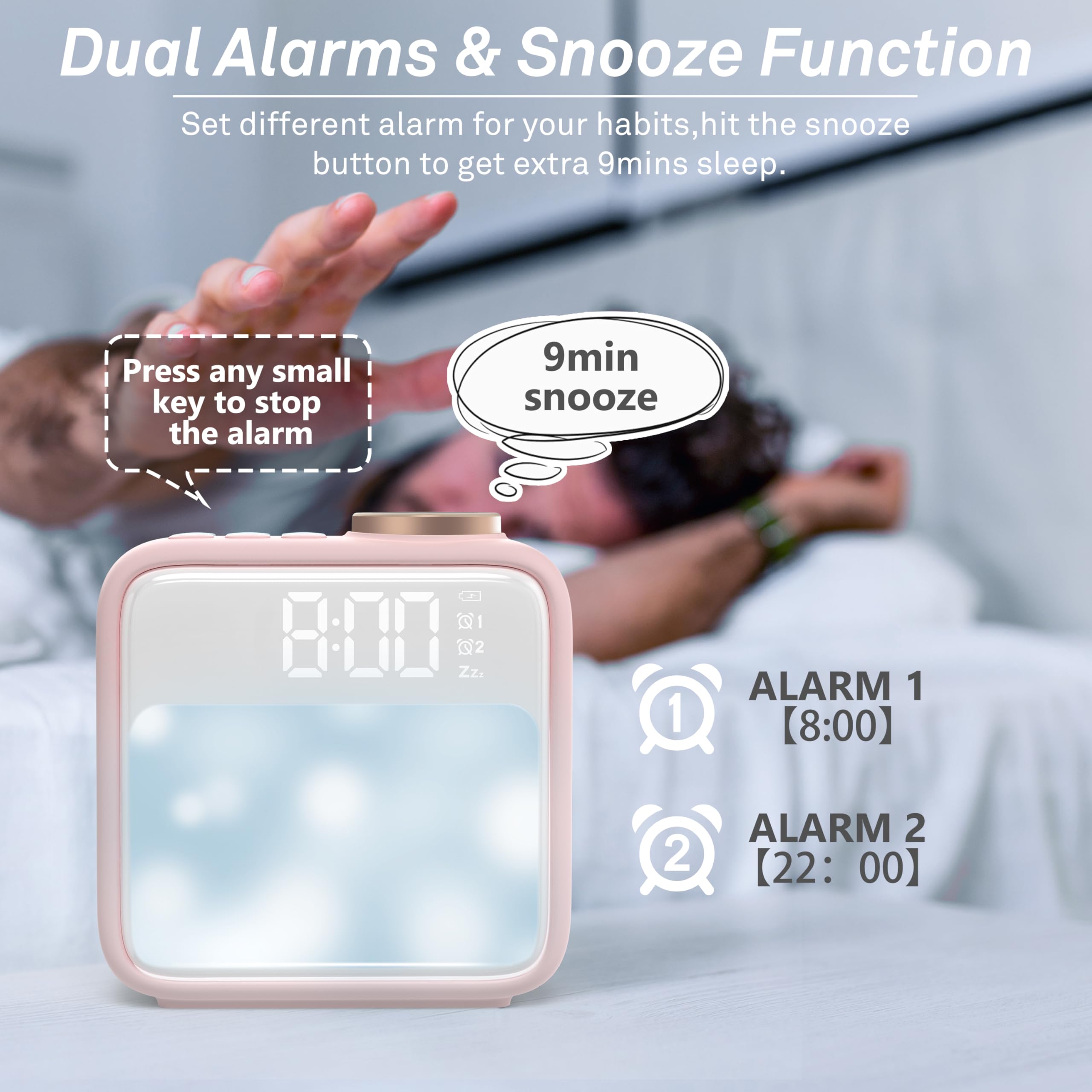 AIRIVO alarm clock features dual alarms and snooze for mixed schedules.