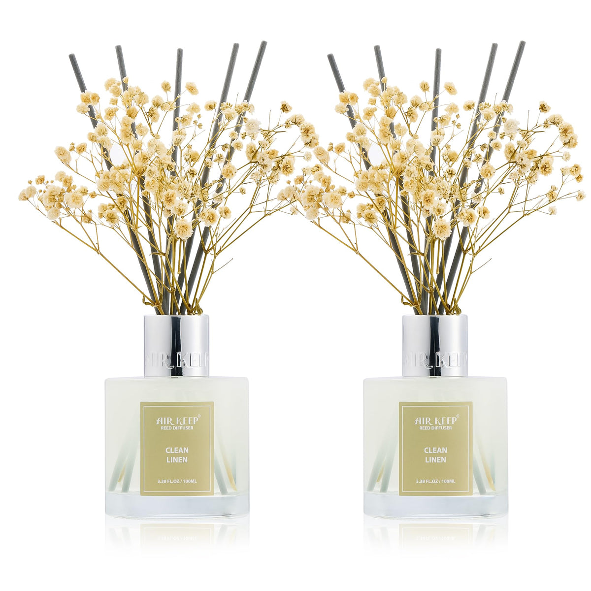 Airkeep Clean Linen reed diffuser bottles brightening a living room ambiance